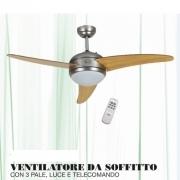 VENTILATORE VENTILATORI SOFFITTO A 3 PALE LEGNO ALLUMINIO CON LUCE E TELECOMANDO