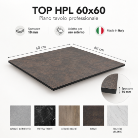 Piano tavolo professionale HPL 60x60 cm spessore 10 mm per tavoli bar ristorazione e contract