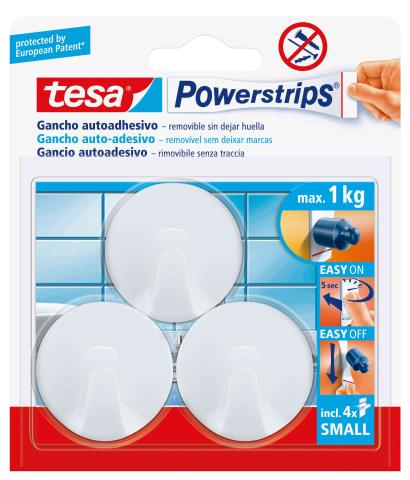 6,0 CF Di GANCIO ADESIVO TESA POWERSTRIPS TONDO BIANCO 3 PZ