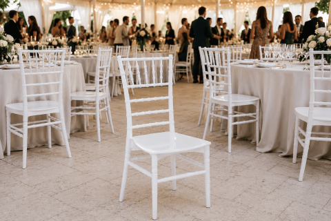 Sedia Tiffany Chiavarina Bianca in Polipropilene Monoblocco Impilabile per Eventi, Catering e Matrimoni