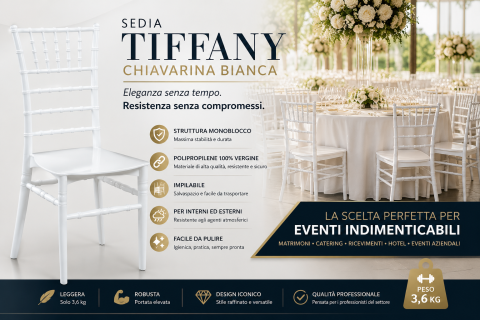 Sedia Tiffany Chiavarina Bianca in Polipropilene Monoblocco Impilabile per Eventi, Catering e Matrimoni