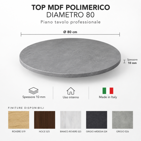 Piano tavolo professionale MDF polimerico diametro 80 cm spessore 10 mm per tavoli bar ristorazione e contract
