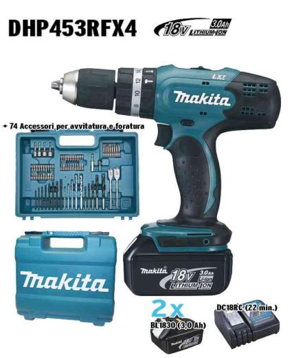 1,0 PZ Di MAKITA SUPERKIT 18VP-3Ah DHP453RFX4 CON 2 BATTERIE
