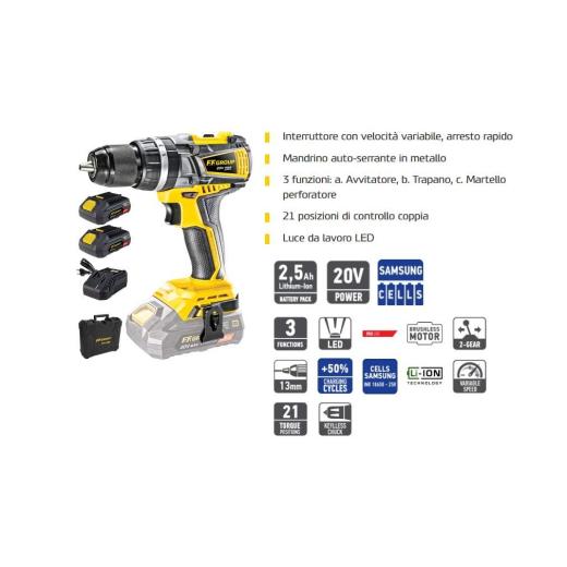 Trapano avvitatore percussione 60 Nm motore senza spazzole 2 batterie 20V 2,5AH