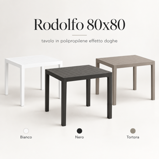 Tavolo professionale Rodolfo 80x80 cm effetto doghe in polipropilene per interno esterno e ristorazione