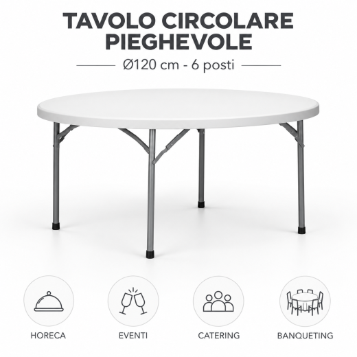 Tavolo circolare pieghevole HDPE diametro 120 cm - 6 posti per catering eventi e ristorazione