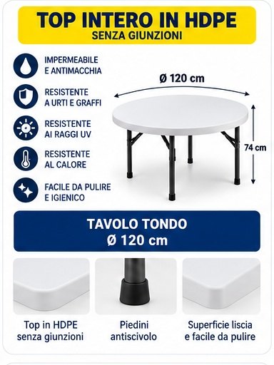 Tavolo catering pieghevole tondo Ø120 cm in HDPE