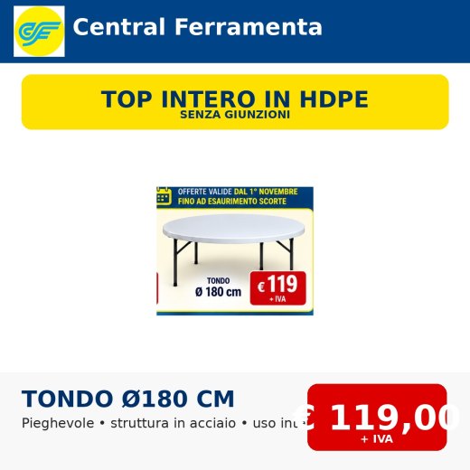 Tavolo catering pieghevole tondo Ø180 cm in HDPE