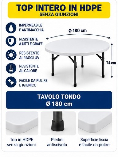Tavolo catering pieghevole tondo Ø180 cm in HDPE