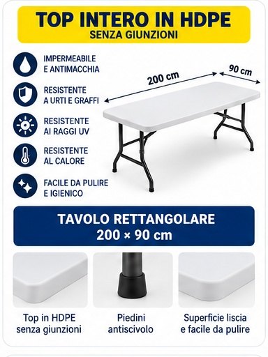 Tavolo catering pieghevole rettangolare 200×90 cm in HDPE