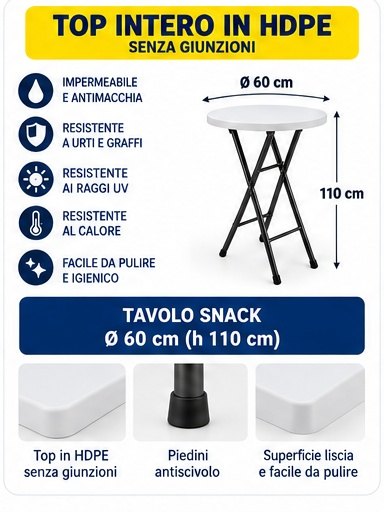 Tavolo catering snack pieghevole Ø60 cm in HDPE