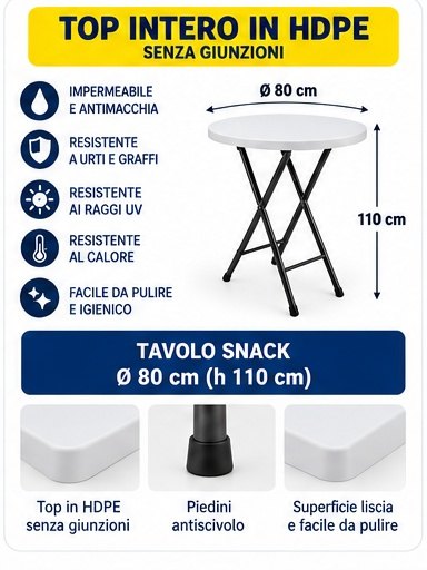 Tavolo catering snack pieghevole Ø80 cm in HDPE