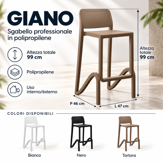 Sgabello professionale Giano in polipropilene H99 cm per bar ristoranti e contract