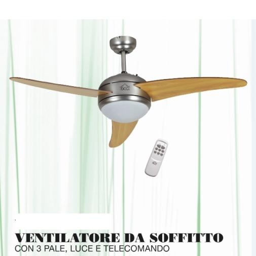 VENTILATORE VENTILATORI SOFFITTO A 3 PALE LEGNO ALLUMINIO CON LUCE E TELECOMANDO