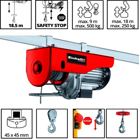 Paranco montacarichi elettrico Einhell 250/500 KG cavo 18 MT watt 1000