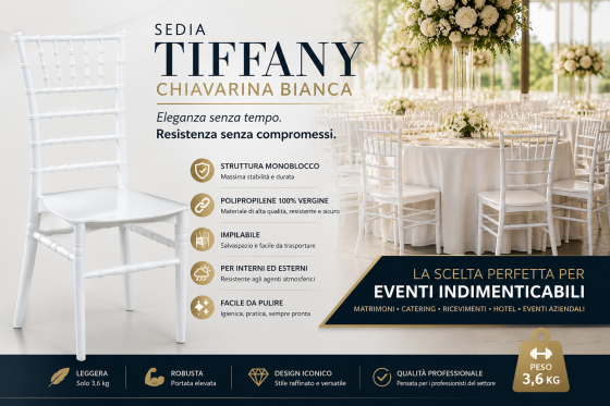 Sedia Tiffany Chiavarina Bianca in Polipropilene Monoblocco Impilabile per Eventi, Catering e Matrimoni