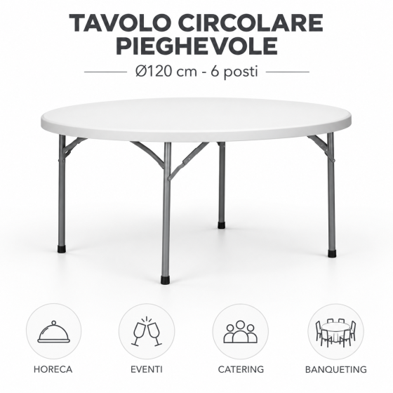 Tavolo circolare pieghevole HDPE diametro 120 cm - 6 posti per catering eventi e ristorazione
