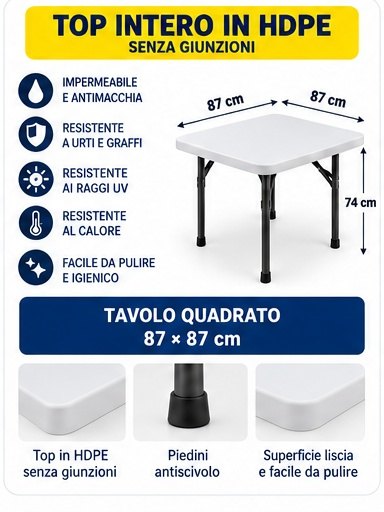 Tavolo catering pieghevole quadrato 87×87 cm in HDPE
