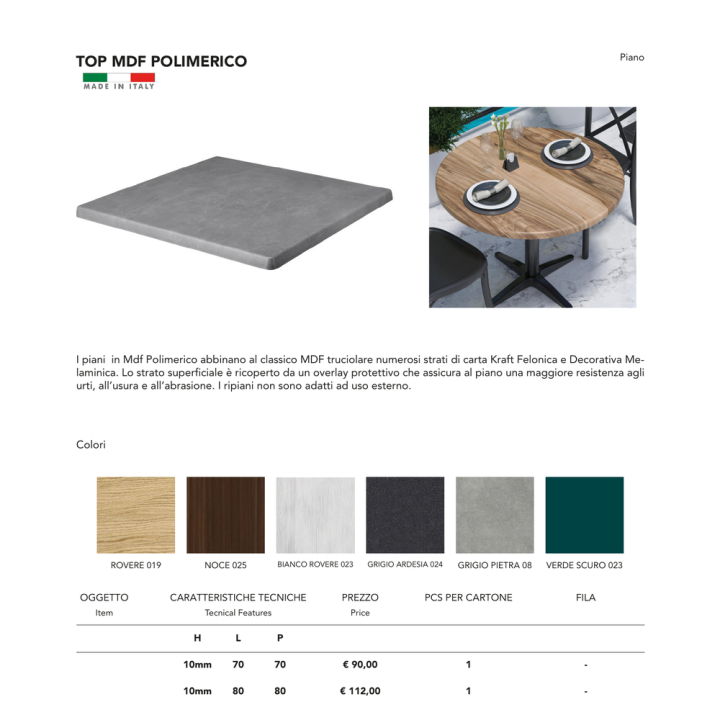 Piano tavolo professionale MDF polimerico diametro 80 cm spessore 10 mm per tavoli bar ristorazione e contract